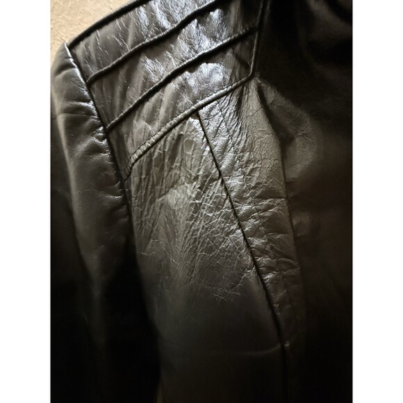 Genuine Leather Black Belted Vintage Jacket Faux Fur Collar Coat Women SZ Small - Picture 13 of 14